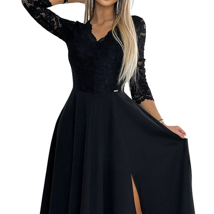 21134-8-309-11 AMBER lace, elegant long dress with a neckline and leg slit - black-8