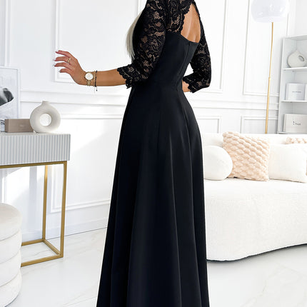 21134-3-309-11 AMBER lace, elegant long dress with a neckline and leg slit - black-3