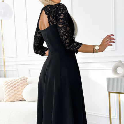 21134-5-309-11 AMBER lace, elegant long dress with a neckline and leg slit - black-5