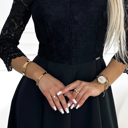 21134-6-309-11 AMBER lace, elegant long dress with a neckline and leg slit - black-6