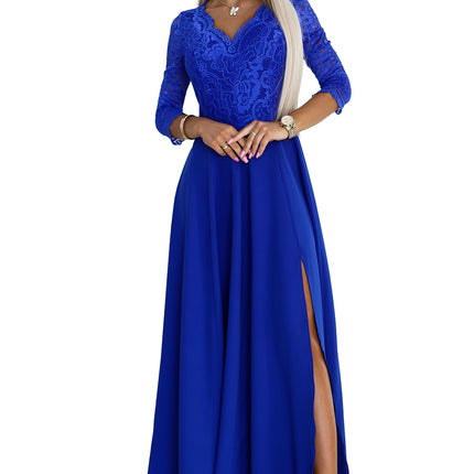 19713-7-309-12 AMBER elegant lace long dress with a neckline - Royal blue-7