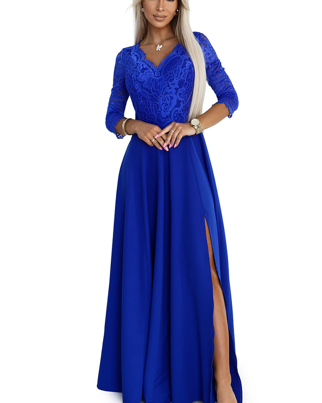 309-12 AMBER elegant lace long dress with a neckline - Royal blue