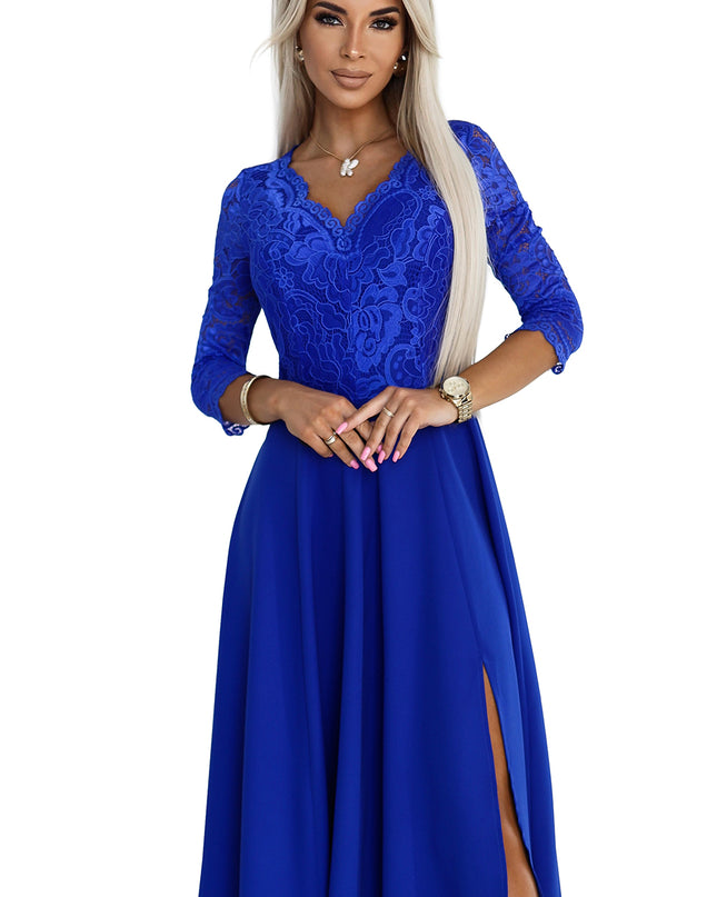 309-12 AMBER elegant lace long dress with a neckline - Royal blue