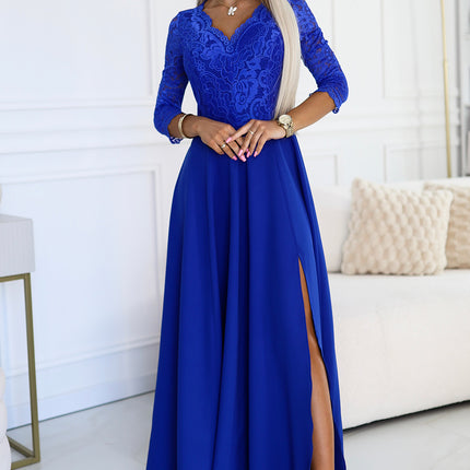 309-12 AMBER elegant lace long dress with a neckline - Royal blue