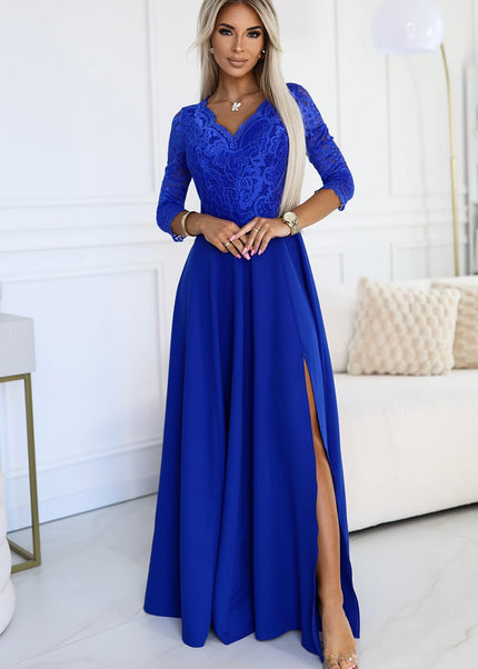 309-12 AMBER elegant lace long dress with a neckline - Royal blue