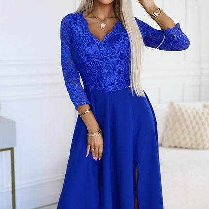 309-12 AMBER elegant lace long dress with a neckline - Royal blue