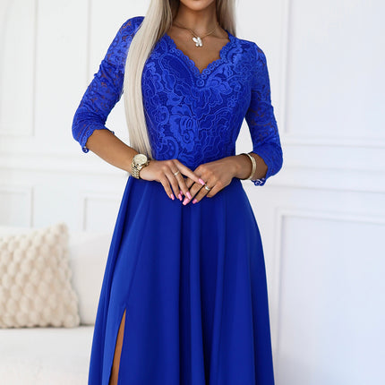 19713-5-309-12 AMBER elegant lace long dress with a neckline - Royal blue-5