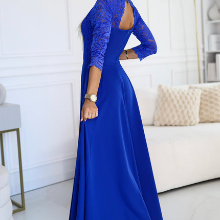 19713-2-309-12 AMBER elegant lace long dress with a neckline - Royal blue-2