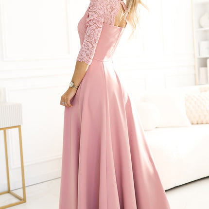 309-13 AMBER elegant long lace dress with a neckline - powder pink