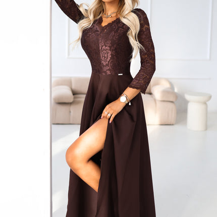 21111-3-309-14 AMBER elegant long lace dress with a neckline - chocolate-3