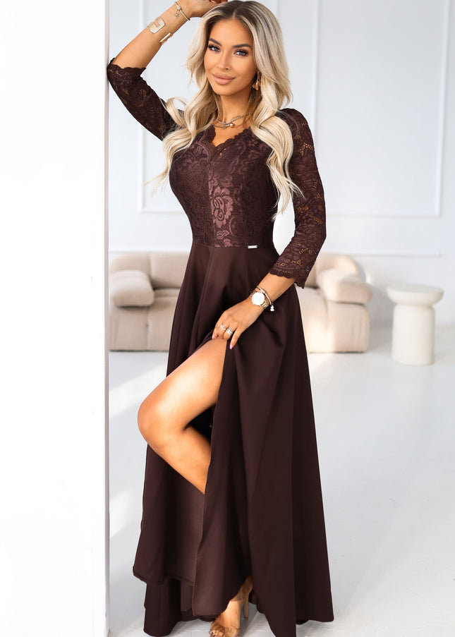 309-14 AMBER elegant long lace dress with a neckline - chocolate