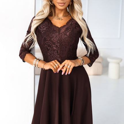 309-14 AMBER elegant long lace dress with a neckline - chocolate