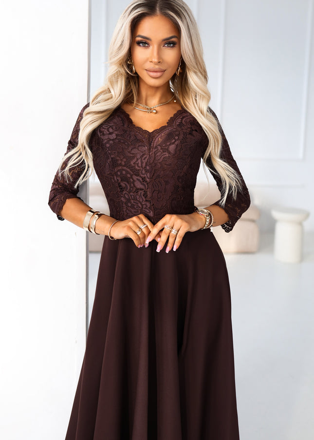309-14 AMBER elegant long lace dress with a neckline - chocolate