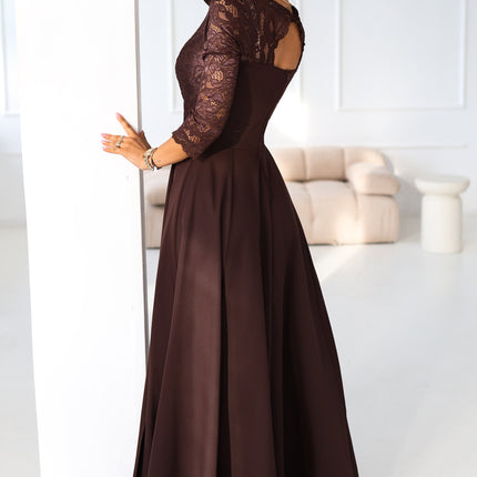 21111-2-309-14 AMBER elegant long lace dress with a neckline - chocolate-2