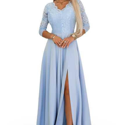 21387-9-309-15 AMBER Elegant Long Lace Gown with Neckline - Sky Blue-9