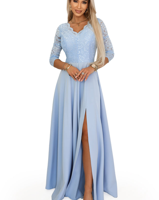 309-15 AMBER Elegant Long Lace Gown with Neckline - Sky Blue