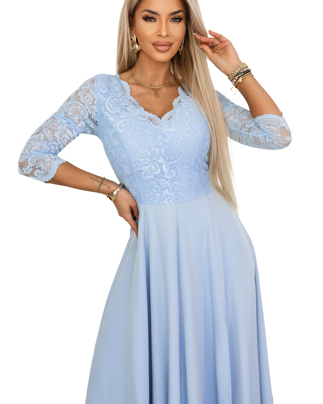 309-15 AMBER Elegant Long Lace Gown with Neckline - Sky Blue