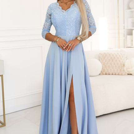 309-15 AMBER Elegant Long Lace Gown with Neckline - Sky Blue