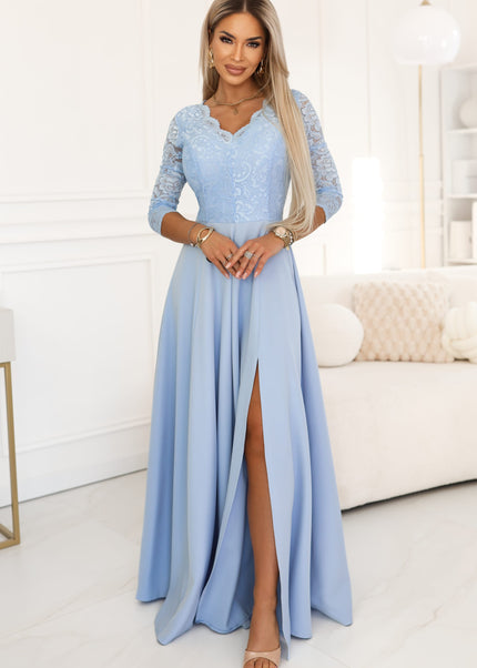 309-15 AMBER Elegant Long Lace Gown with Neckline - Sky Blue
