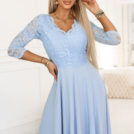 309-15 AMBER Elegant Long Lace Gown with Neckline - Sky Blue
