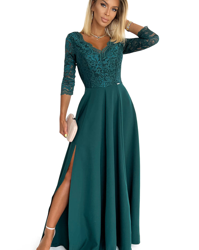 309-5 AMBER elegant lace long dress with a neckline - green