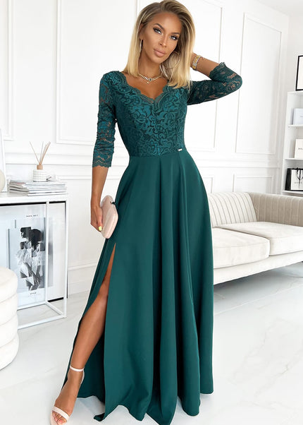 309-5 AMBER elegant lace long dress with a neckline - green