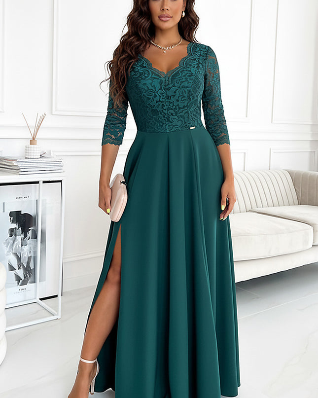 309-5 AMBER elegant lace long dress with a neckline - green