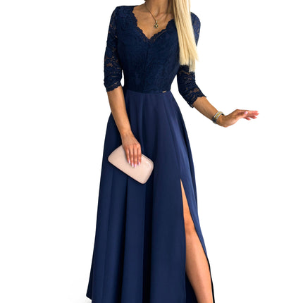 21341-7-309-6 AMBER elegant lace long dress with a neckline - navy blue-7