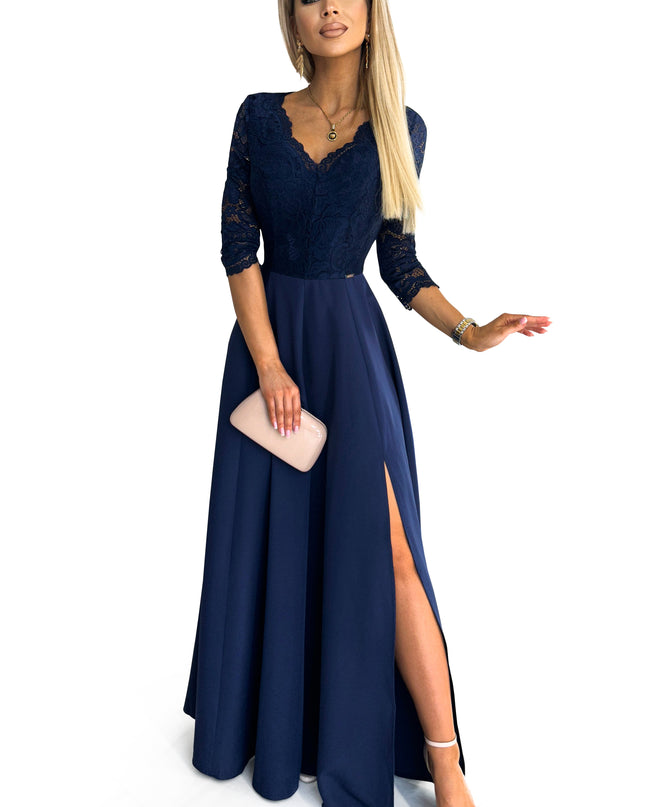 309-6 AMBER elegant lace long dress with a neckline - navy blue