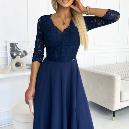 21341-3-309-6 AMBER elegant lace long dress with a neckline - navy blue-3