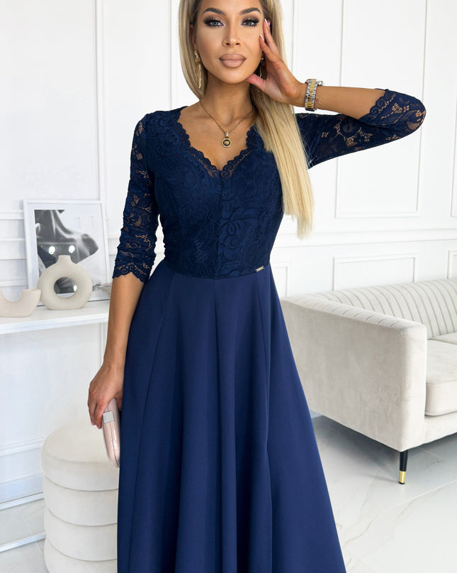 309-6 AMBER elegant lace long dress with a neckline - navy blue
