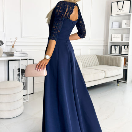 21341-2-309-6 AMBER elegant lace long dress with a neckline - navy blue-2