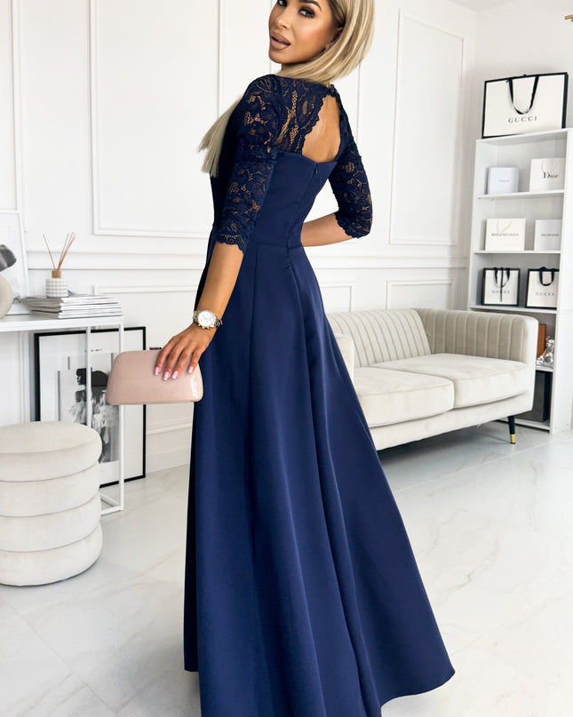 309-6 AMBER elegant lace long dress with a neckline - navy blue