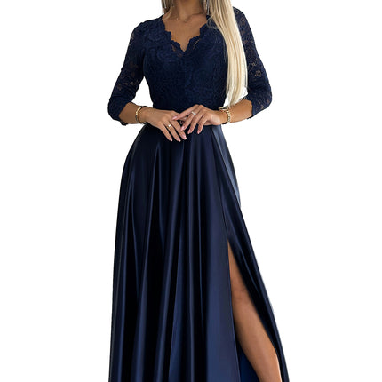 18579-7-309-7 AMBER lace long satin dress with a neckline - dark blue-7