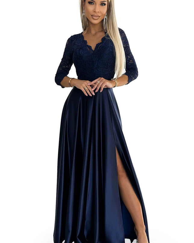 309-7 AMBER lace long satin dress with a neckline - dark blue