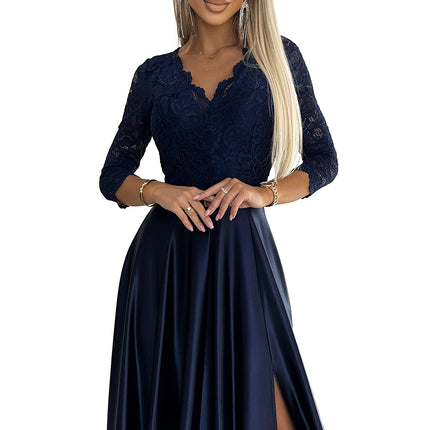 18579-8-309-7 AMBER lace long satin dress with a neckline - dark blue-8