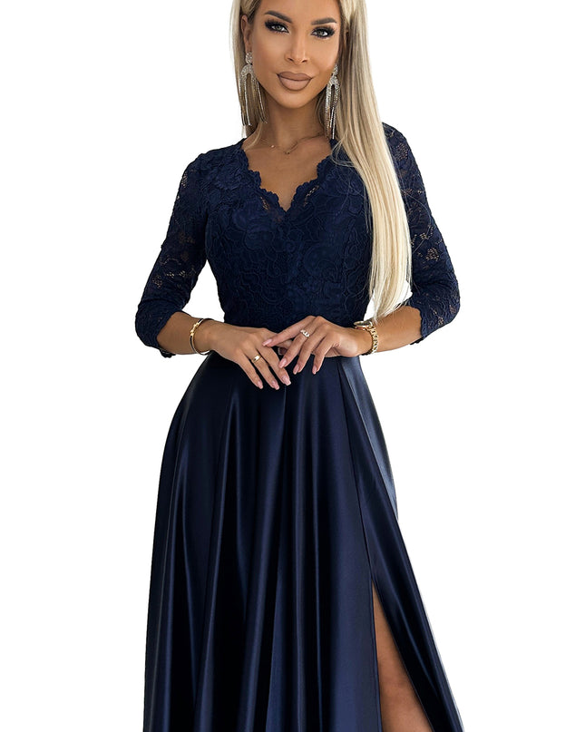 309-7 AMBER lace long satin dress with a neckline - dark blue