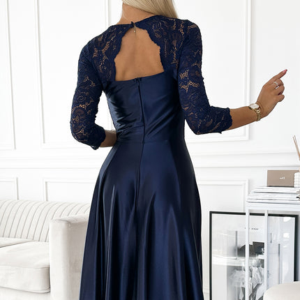 18579-5-309-7 AMBER lace long satin dress with a neckline - dark blue-5