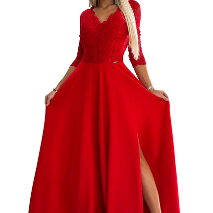 18669-7-309-8 AMBER lace, elegant long dress with a neckline and leg slit - red-7