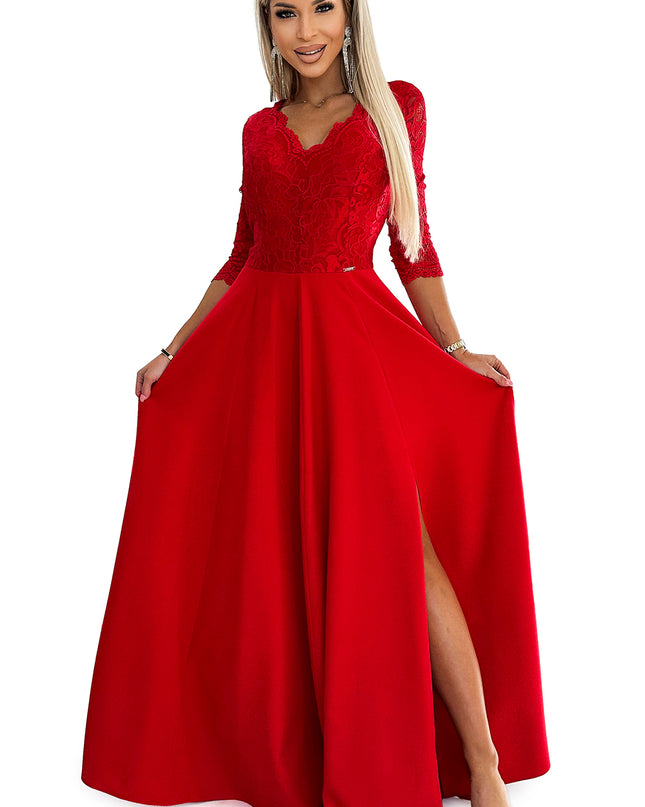 309-8 AMBER lace, elegant long dress with a neckline and leg slit - red
