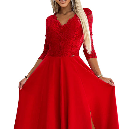 18669-8-309-8 AMBER lace, elegant long dress with a neckline and leg slit - red-8