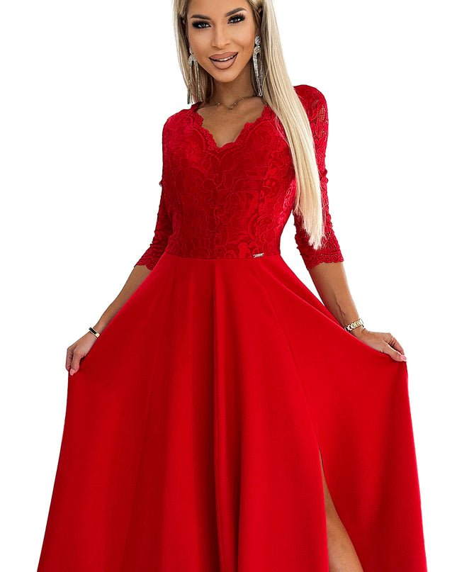 309-8 AMBER lace, elegant long dress with a neckline and leg slit - red