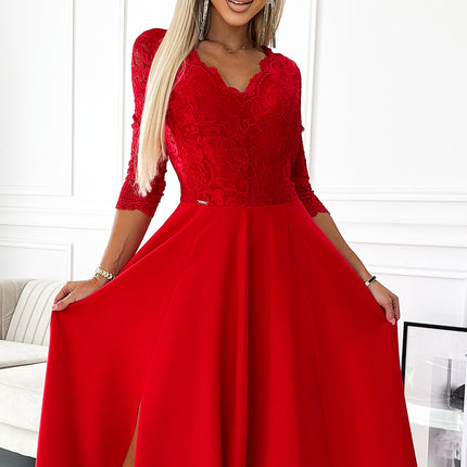 18669-4-309-8 AMBER lace, elegant long dress with a neckline and leg slit - red-4