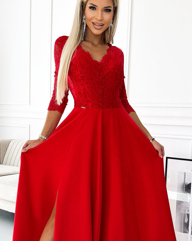 309-8 AMBER lace, elegant long dress with a neckline and leg slit - red