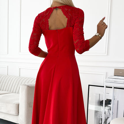 18669-5-309-8 AMBER lace, elegant long dress with a neckline and leg slit - red-5