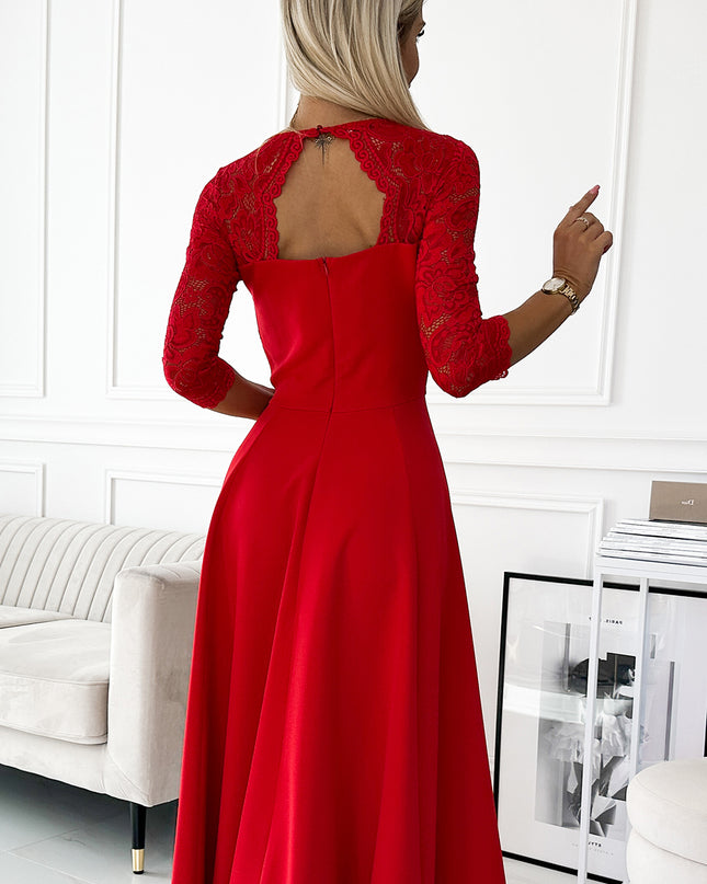 309-8 AMBER lace, elegant long dress with a neckline and leg slit - red