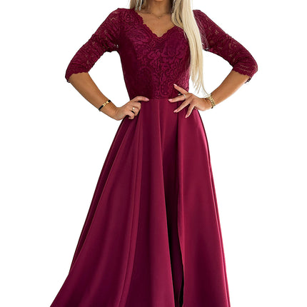 18635-7-309-9 AMBER elegant long maxi dress with lace neckline - burgundy-7