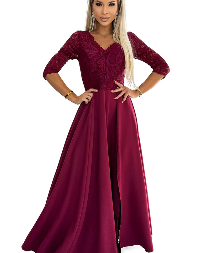 309-9 AMBER elegant long maxi dress with lace neckline - burgundy