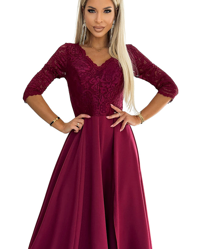 309-9 AMBER elegant long maxi dress with lace neckline - burgundy