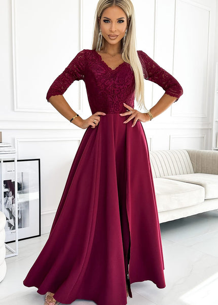 309-9 AMBER elegant long maxi dress with lace neckline - burgundy